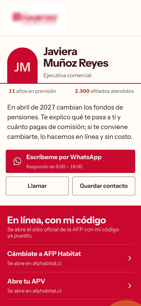 Primera pantalla de la página de Javiera Muñoz, ejecutiva de AFP Habitat