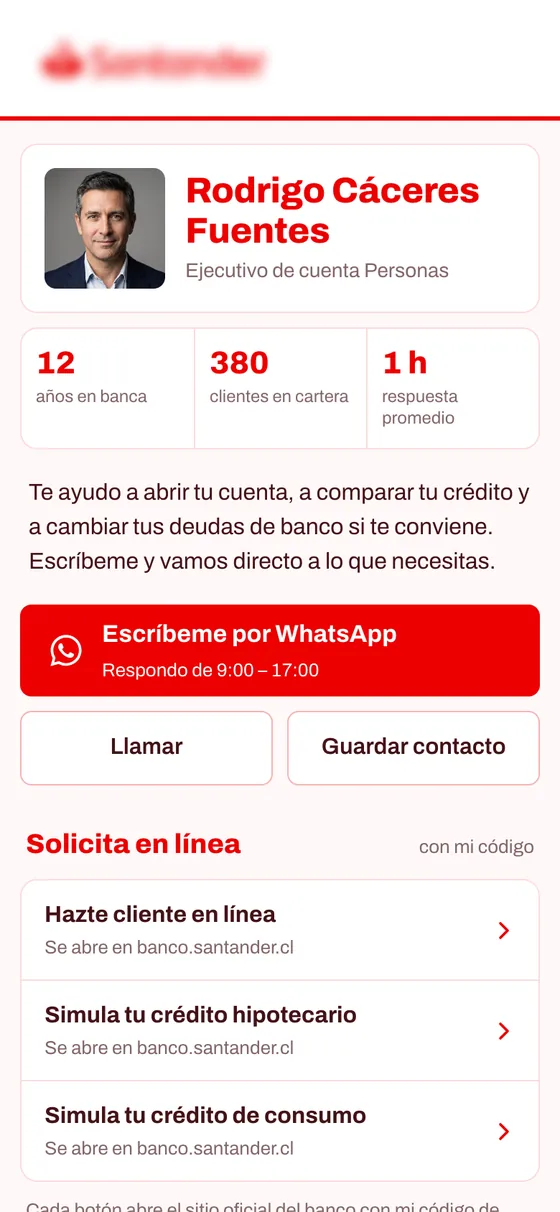 Primera pantalla de la página de Rodrigo Cáceres, ejecutivo de cuenta de Banco Santander