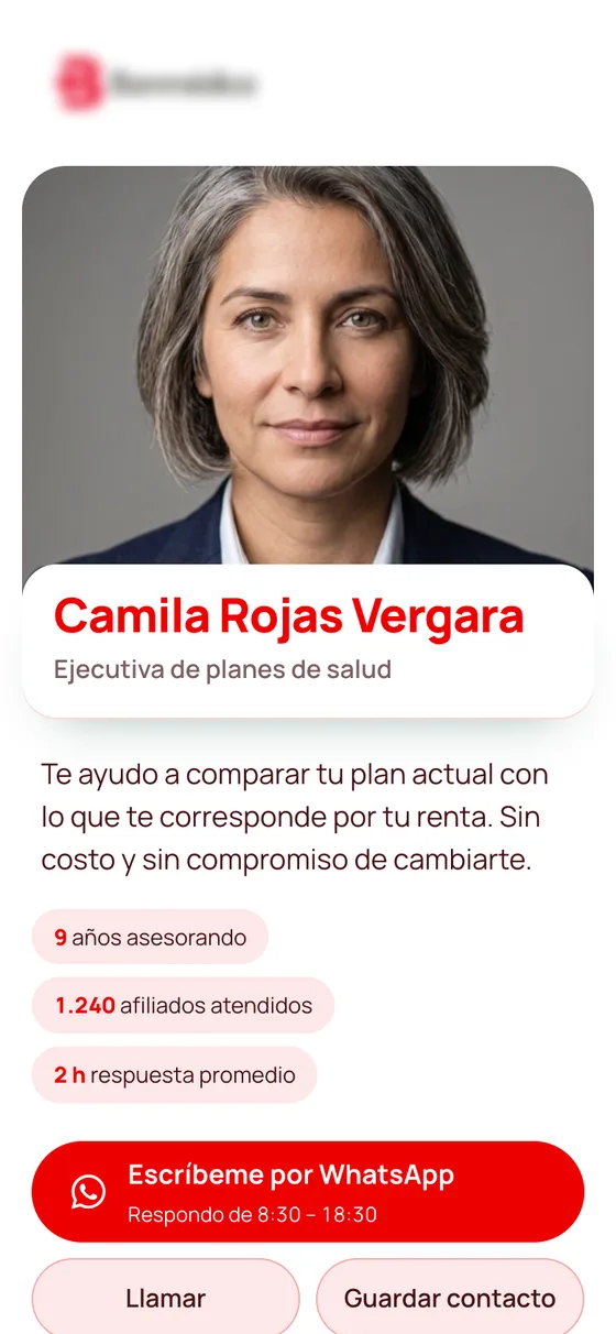 Primera pantalla de la página de Camila Rojas, ejecutiva de planes de salud de Banmédica